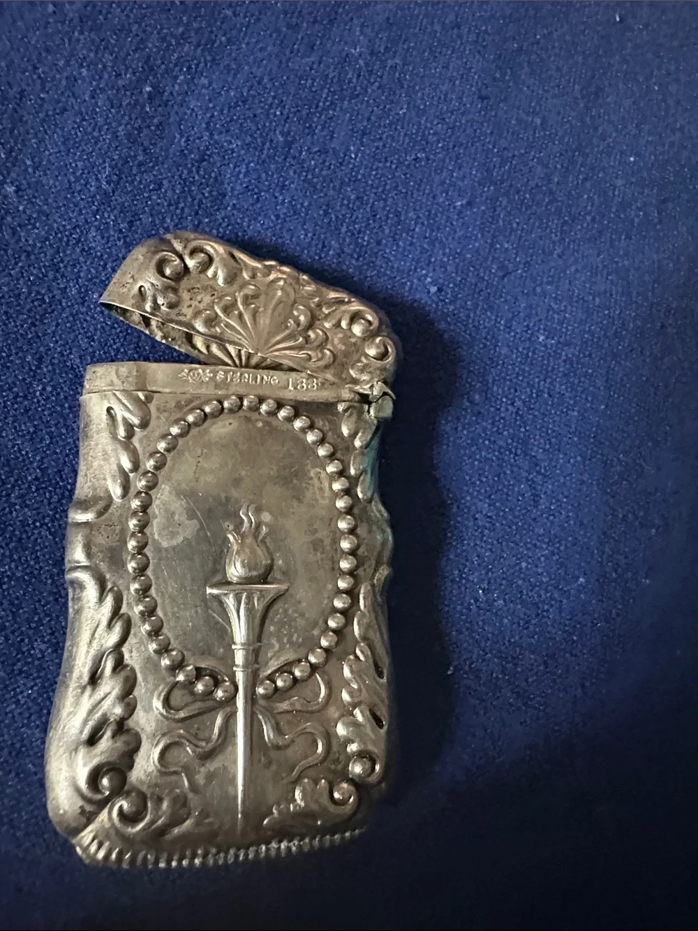 Sterling Silver Ornate Torch Motif Matchsafe - Silver